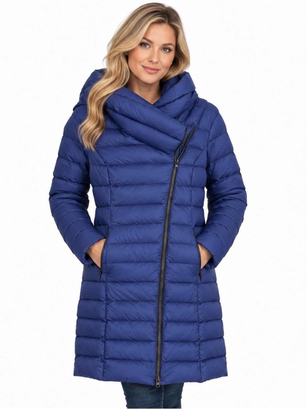 Soia & Kyo Royal Blue Karelle Asymmetrical Quilted Hooded Down Puffer Coat Small